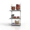 Three Tiered Metal Kitchen Shelf With Pots Dishes And Storage Baskets