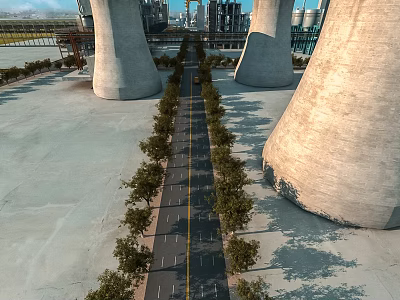 Industrial Plant Exterior Featuring Wide Road Lined With Trees And Tall Concrete Structures 3d model