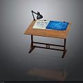Wooden Drawing Table With Desk Lamp Blueprints And Pencil For Craft Workspace