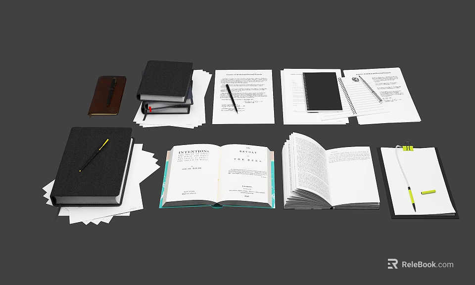 Open Books Stacked Notebooks With Pens And Papers Layout On Table 3d model