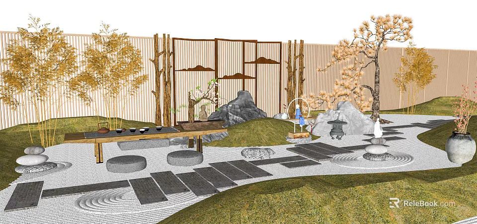 Karesansui Zen Garden Design With Rocks Sand Moss Wooden Screen And Small Trees 3d model 