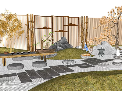 Karesansui Zen Garden Design With Rocks Sand Moss Wooden Screen And Small Trees 3d model