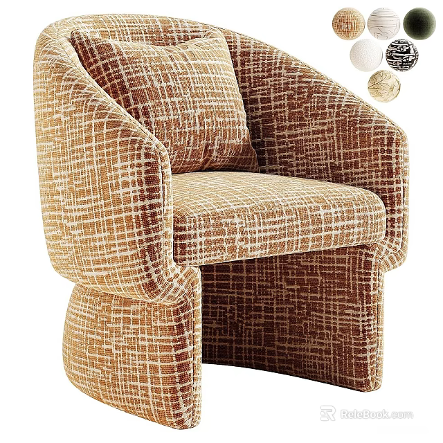 Modern Brown Plaid Fabric Single Sofa With Curved Arms And Sturdy Legs 3d model 