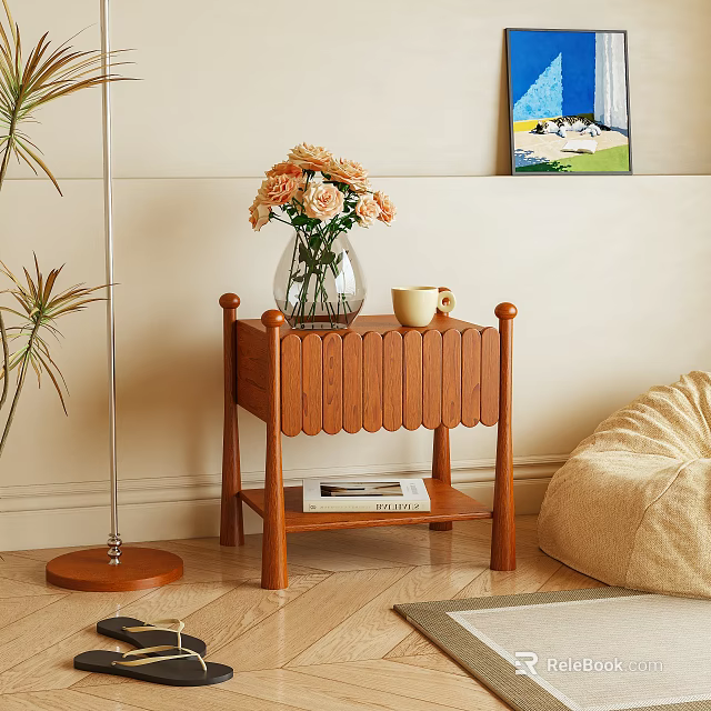 Wooden Bedside Table With Scalloped Panel Vase Flowers Cup And Magazine Shelf 3d model 