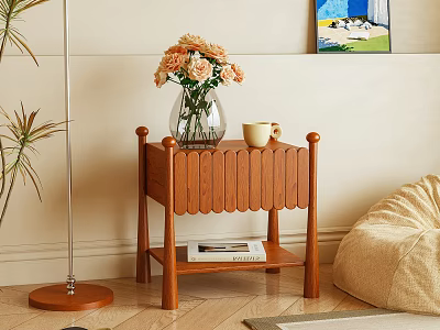 Wooden Bedside Table With Scalloped Panel Vase Flowers Cup And Magazine Shelf 3d model