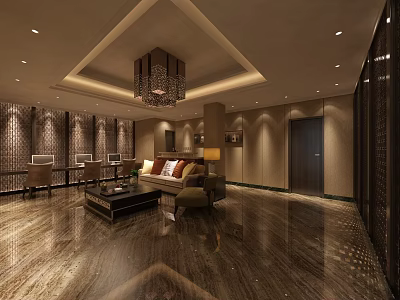 Luxurious Boutique Interior With Spacious Lobby Chandelier Sofa And Marble Floor 3d model