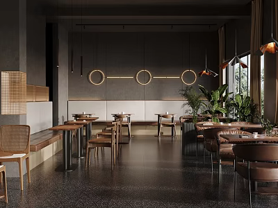 Modern Minimalist Café Interior With Leather Seats Wooden Tables Green Plants And Circular Decor 3d model