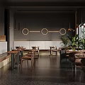 Modern Minimalist Café Interior With Leather Seats Wooden Tables Green Plants And Circular Decor