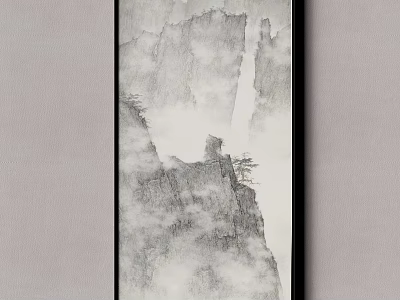 Traditional Chinese Ink Wash Landscape Painting With Misty Mountain Peaks And Small Trees 3d model