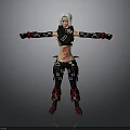 Woman With White Hair In Black Outfit Red Decorations Arms Outstretched Red Tattoo Abdomen