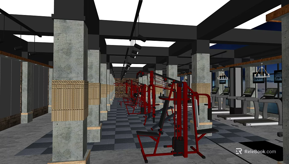 Modern Gym Interior With Red Fitness Equipment Gray Pillars And Checkered Floor 3d model 