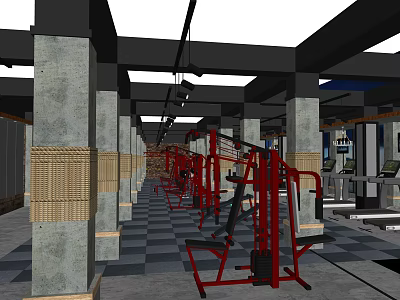 Modern Gym Interior With Red Fitness Equipment Gray Pillars And Checkered Floor 3d model