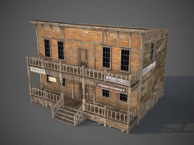 Classic Vintage Wooden Hotel Building with Balcony Staircase and Storefront Signboards 3d model