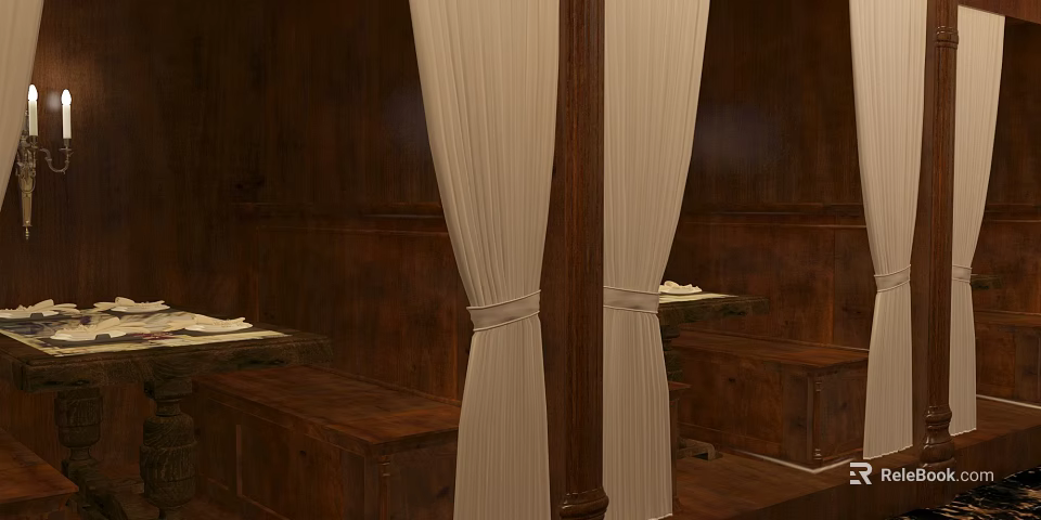 Elegant Restaurant Interior with Wooden Walls White Curtains and Benches 3d model 