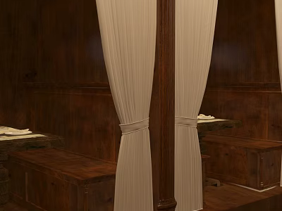 Elegant Restaurant Interior with Wooden Walls White Curtains and Benches 3d model