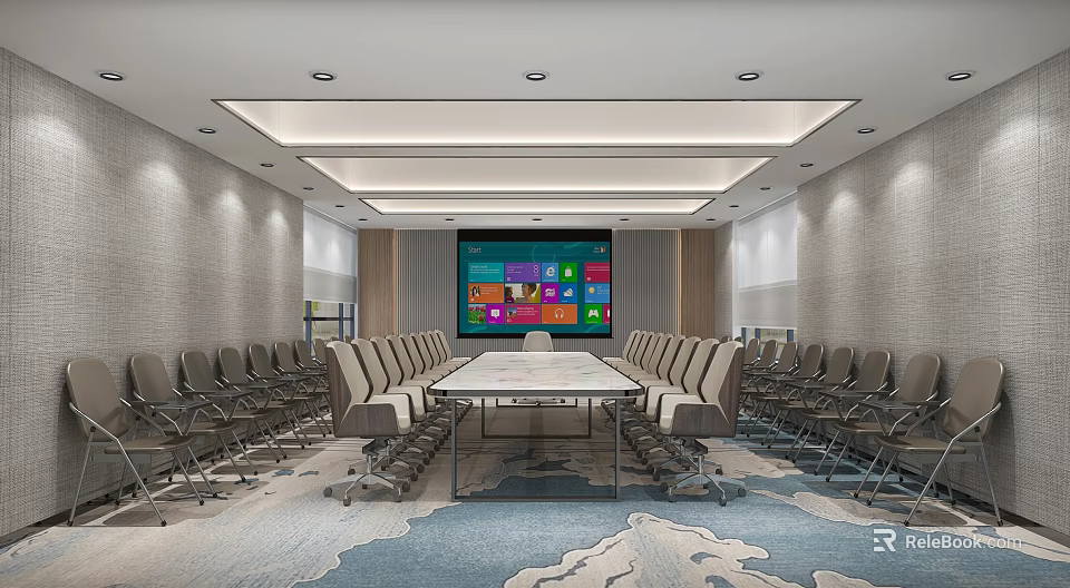 Spacious Conference Room Interior With Long Table Large Screen And Comfortable Chairs 3d model