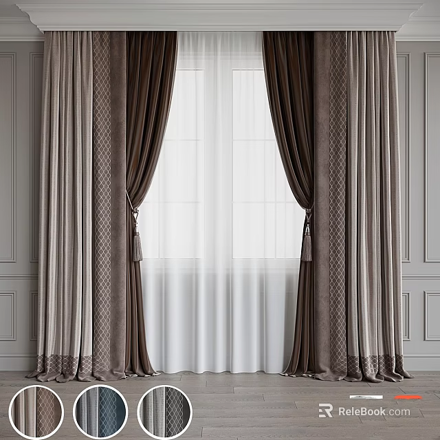 Elegant Brown Patterned Curtains With White Sheer Layers For Modern Window Decoration 3d model 