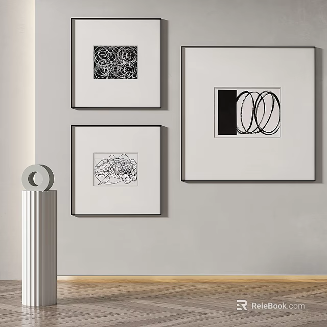 Three Modern Abstract Paintings With Geometric Lines And Circles Framed Wall Decor 3d model