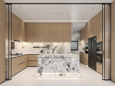 Modern Kitchen Interior Design With Wooden Cabinets Marble Island Counter And Appliances 3d model