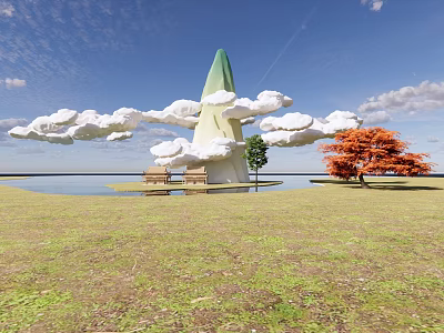 Scenic Landscape Featuring White Building Green Spire Cloud Like Structures Orange Tree and Water Area 3d model