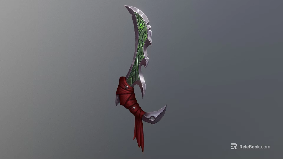 Ornate Weapon With Green Patterns Silver Blade Red Cloth Wrapped Handle And Decorative Design 3d model 