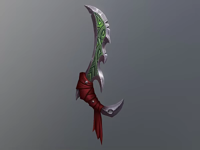 Ornate Weapon With Green Patterns Silver Blade Red Cloth Wrapped Handle And Decorative Design 3d model