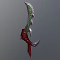 Ornate Weapon With Green Patterns Silver Blade Red Cloth Wrapped Handle And Decorative Design