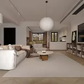 Modern Living And Dining Room Interior With White Sofa Wooden Coffee Table And Area Rug