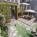 Traditional Modern Courtyard Garden With Greenery Covered Pergola Wooden Deck And Seating Set
