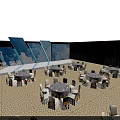 Blue Themed Banquet Hall With Round Tables Chairs Tablecloths Bow Decorations And Sky Background Screens