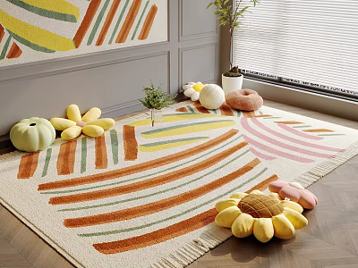 Kids Table In Colorful Playroom With Patterned Rug And Flower Cushions 3d model