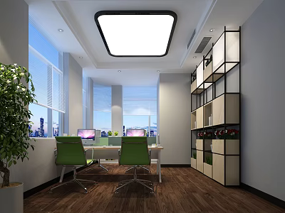 Modern Office Interior With Green Chairs Computers Large Windows Blinds White Shelves And Wooden Flooring 3d model