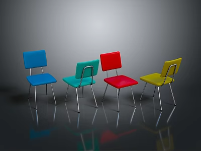 Colorful Blue Green Red And Yellow Chairs With Metal Legs And Floor Reflections 3d model