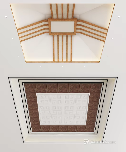 Stylish Ceiling Designs with Wooden Strips White Panel and Geometric Brown Patterns 3d model