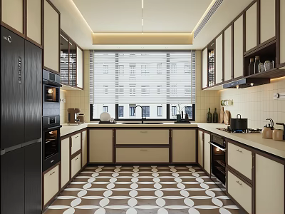 Modern Minimalist Kitchen Interior With Dark And Light Cabinets Geometric Pattern Floor And Black Appliances 3d model