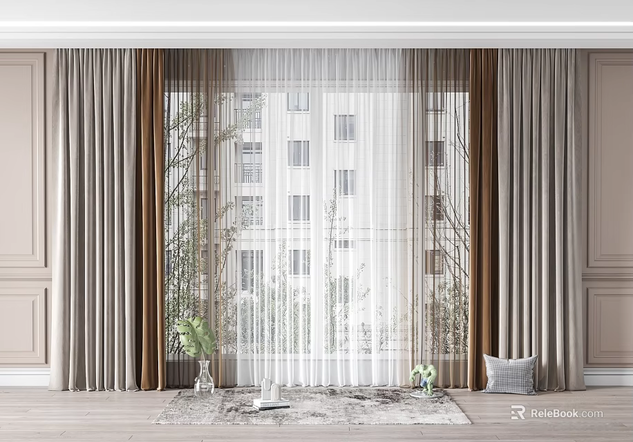 White Sheer And Brown Curtains For Window With Vase Rug And Building View 3d model 