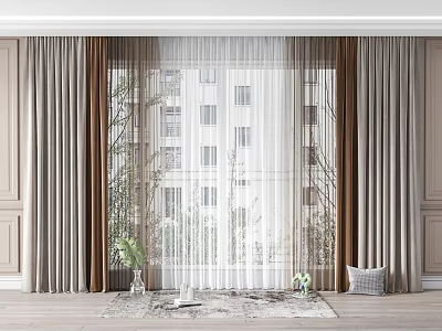 White Sheer And Brown Curtains For Window With Vase Rug And Building View 3d model