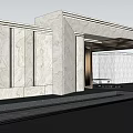 Modern Sales Office Building Interior with Glass Walls Reflective Pool and Columns