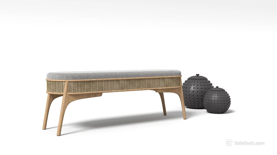 Modern Wooden Bench With Woven Design Gray Cushion And Decorative Black Spheres 3d model 
