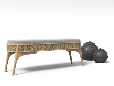 Modern Wooden Bench With Woven Design Gray Cushion And Decorative Black Spheres 3d model