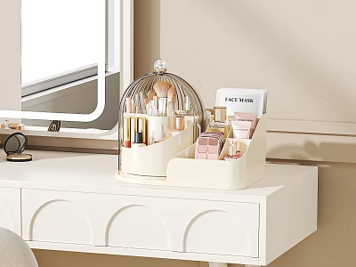 White Dressing Table with Glass Dome Organizer Pink Cosmetic Storage and Makeup Brushes 3d model