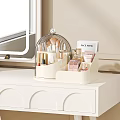 White Dressing Table with Glass Dome Organizer Pink Cosmetic Storage and Makeup Brushes