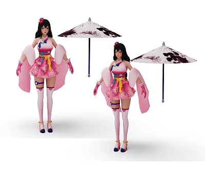 Game Movie Characters in Pink Kimono Style Outfits Holding Umbrellas with Decorative Hairpieces and Sashes 3d model
