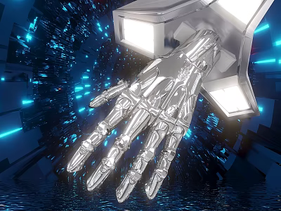 Futuristic Photo Spot With Silver Mechanical Hand Blue Lights Tunnel Structure And Reflective Water 3d model