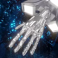 Futuristic Photo Spot With Silver Mechanical Hand Blue Lights Tunnel Structure And Reflective Water