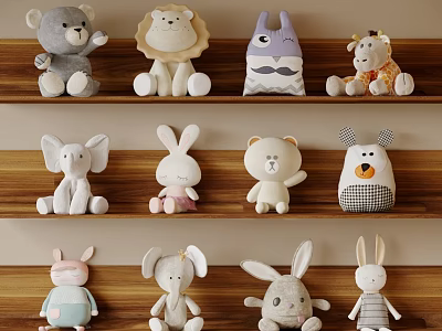 Decorative Plush Animal Ornament Set with Various Animal Designs on Wooden Shelf for Home Decor 3d model