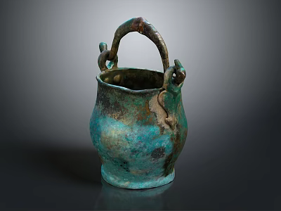 Ancient Bronze Tea Ware With Curved Handle And Turquoise Verdigris Patina 3d model
