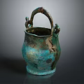Ancient Bronze Tea Ware With Curved Handle And Turquoise Verdigris Patina