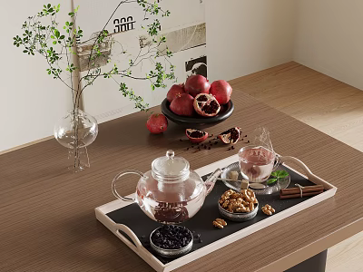 Transparent Glass Teapot and Teacups on Wooden Tray with Pomegranates Walnuts Cinnamon and Green Plants 3d model