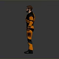 Game Movie Character In Orange Black Combat Suit With Mechanical Details And Standing Pose